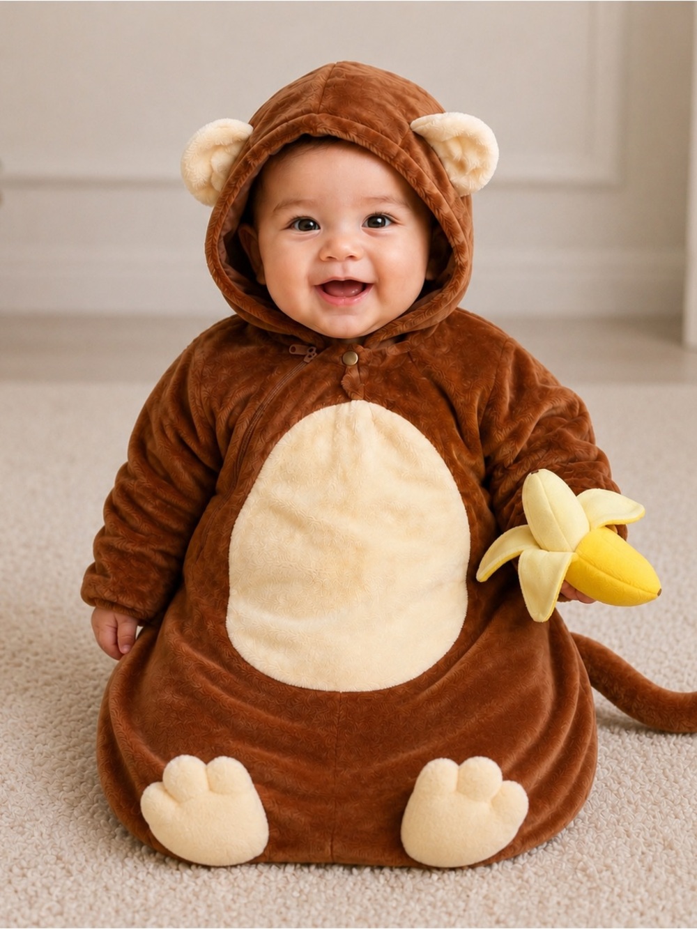 Baby Monkey Costume 0-9 Months Plush Hooded Halloween Banana Tail